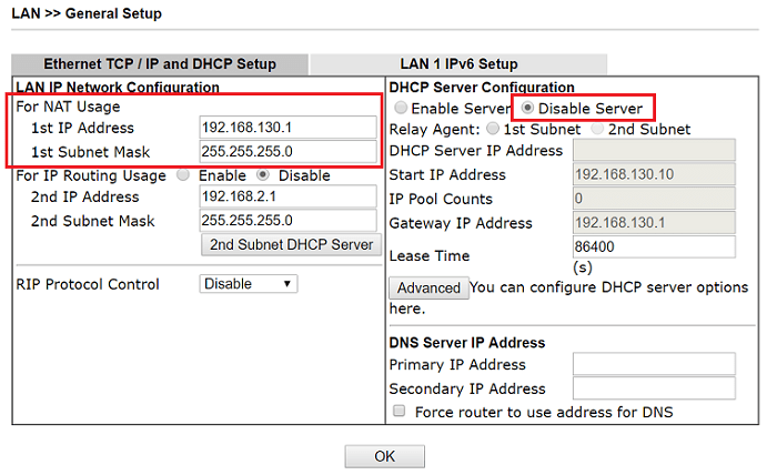 a screenshot of Vigor130 DHCP Server Configuration